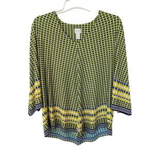 Chico’s Size XL V Neck Assymetrical top yellow blue